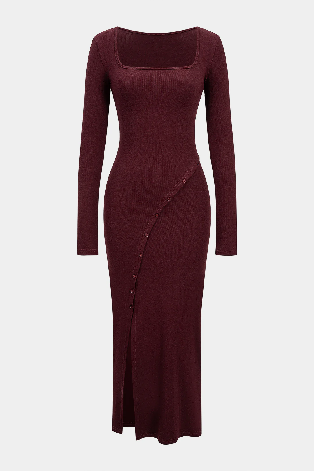 Asymmetrical Button Split Square Neck Long Sleeve Maxi Dress - Flockneti