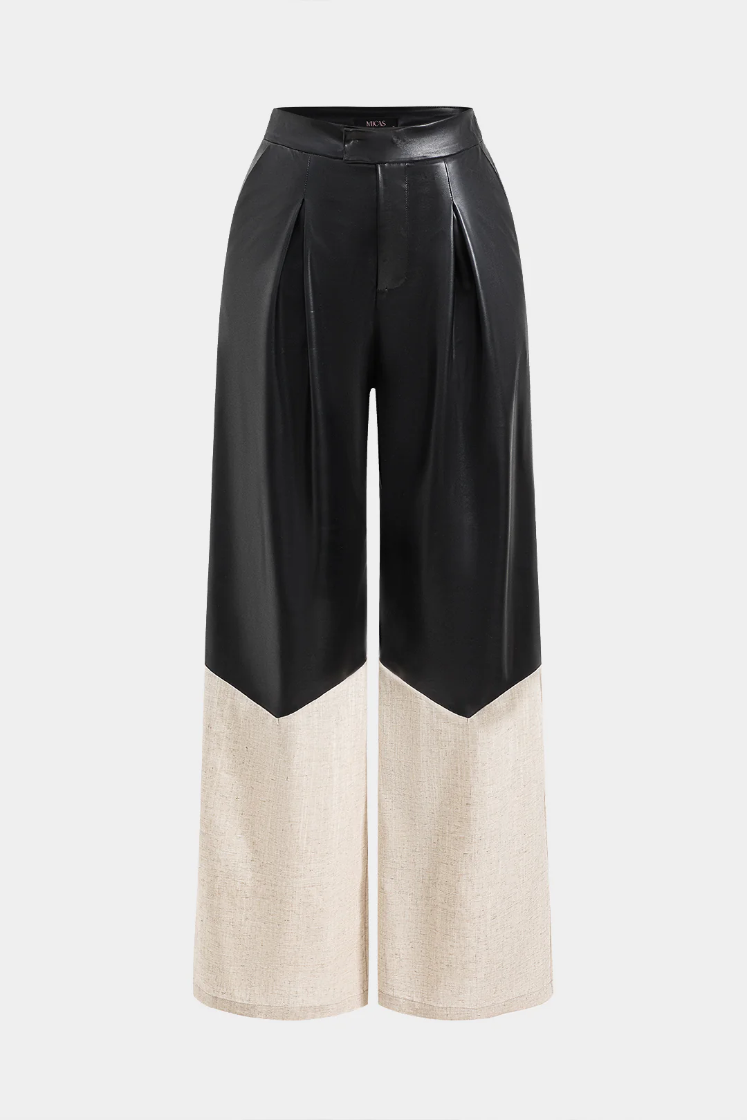 Faux Leather Linen High Waist Patchwork Trousers - Flockneti
