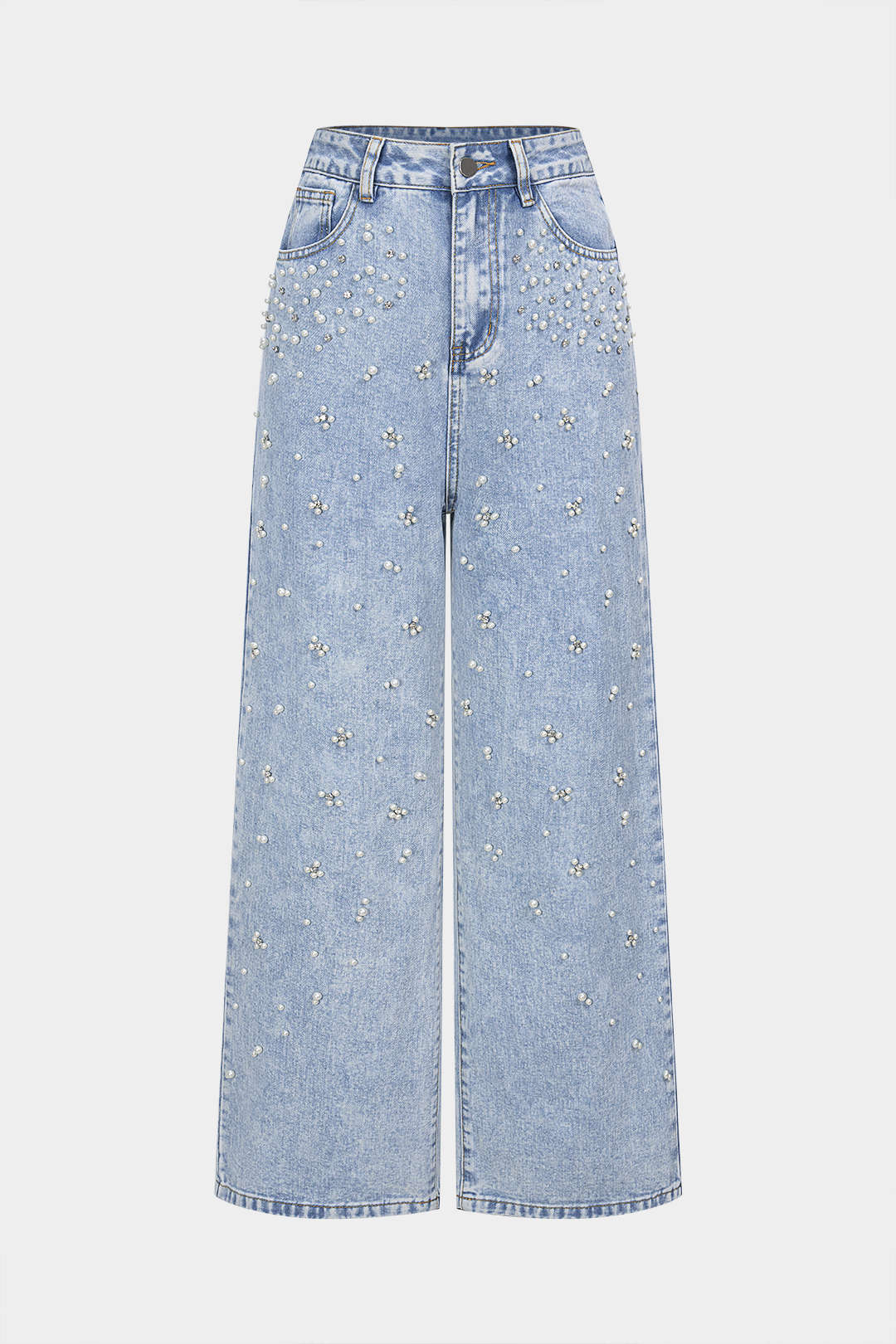 Denim Pearl Decor Straight Leg Jeans - Flockneti