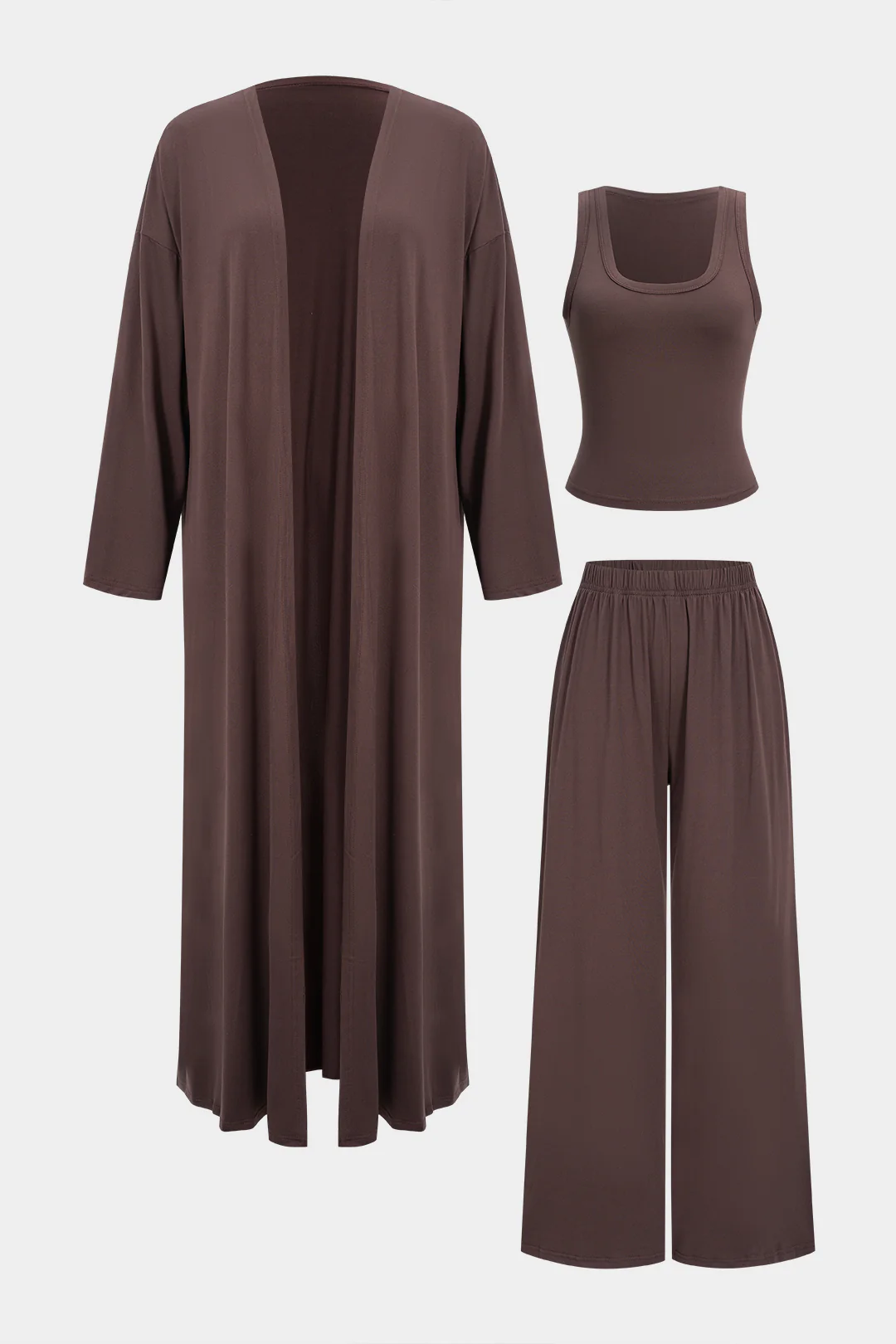 Knit Basic Tank Top And Long Cardigan And Wide Leg Trousers Set - Flockneti