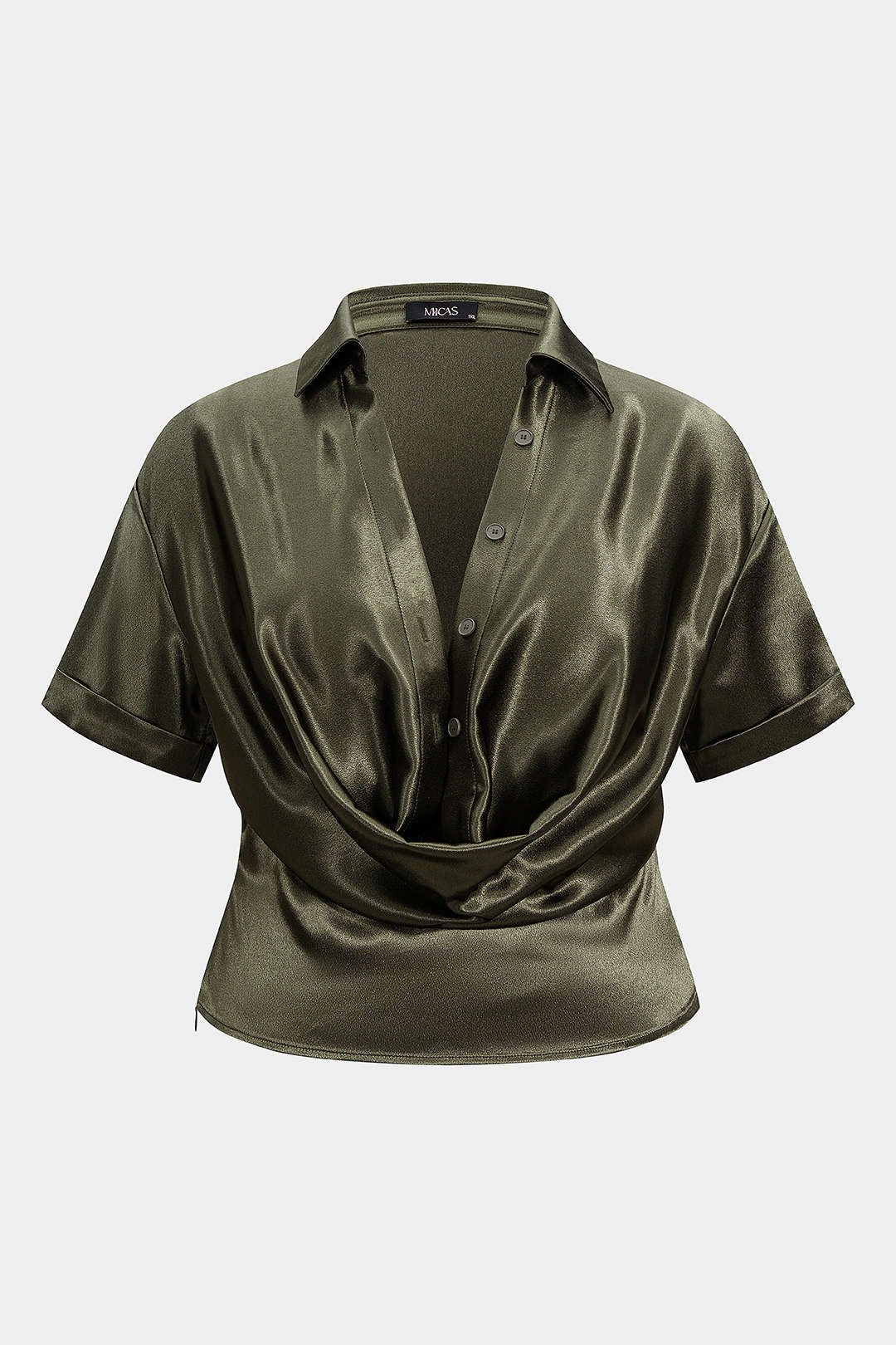 Plus Size Satin Button Draped Cowl Neck Short-Sleeve Top - Flockneti
