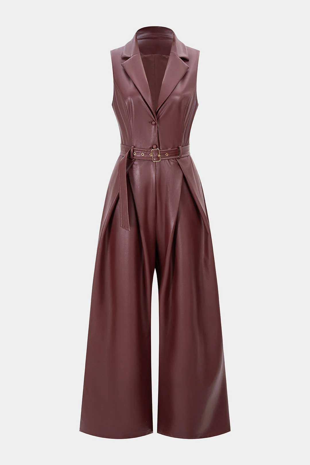 Faux Leather Belted Tank Sleeveless Jumpsuit - Flockneti