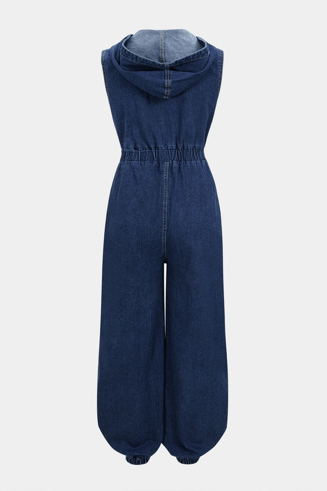Denim Hooded Shirred Zipper Pocket Sleeveless Jumpsuit - Flockneti