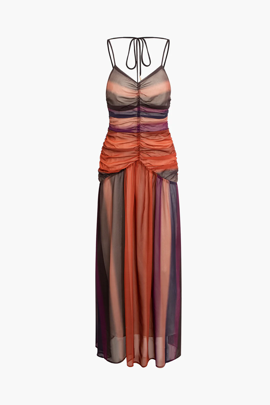 Ombre Print Ruched Backless Tie Up Sleeveless Maxi Dress - Flockneti