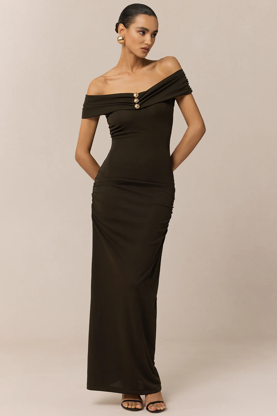 Off Shoulder Metallic Button Maxi Dress - Flockneti