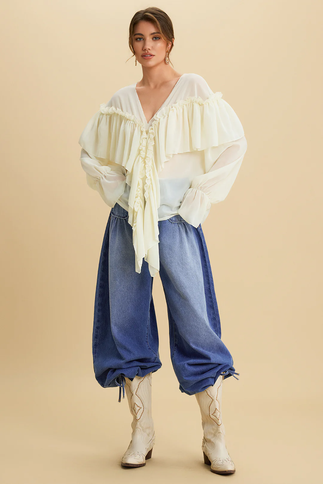 Chiffon Ruffle Ruched Strappy Bell Long-Sleeve Shirt - Flockneti