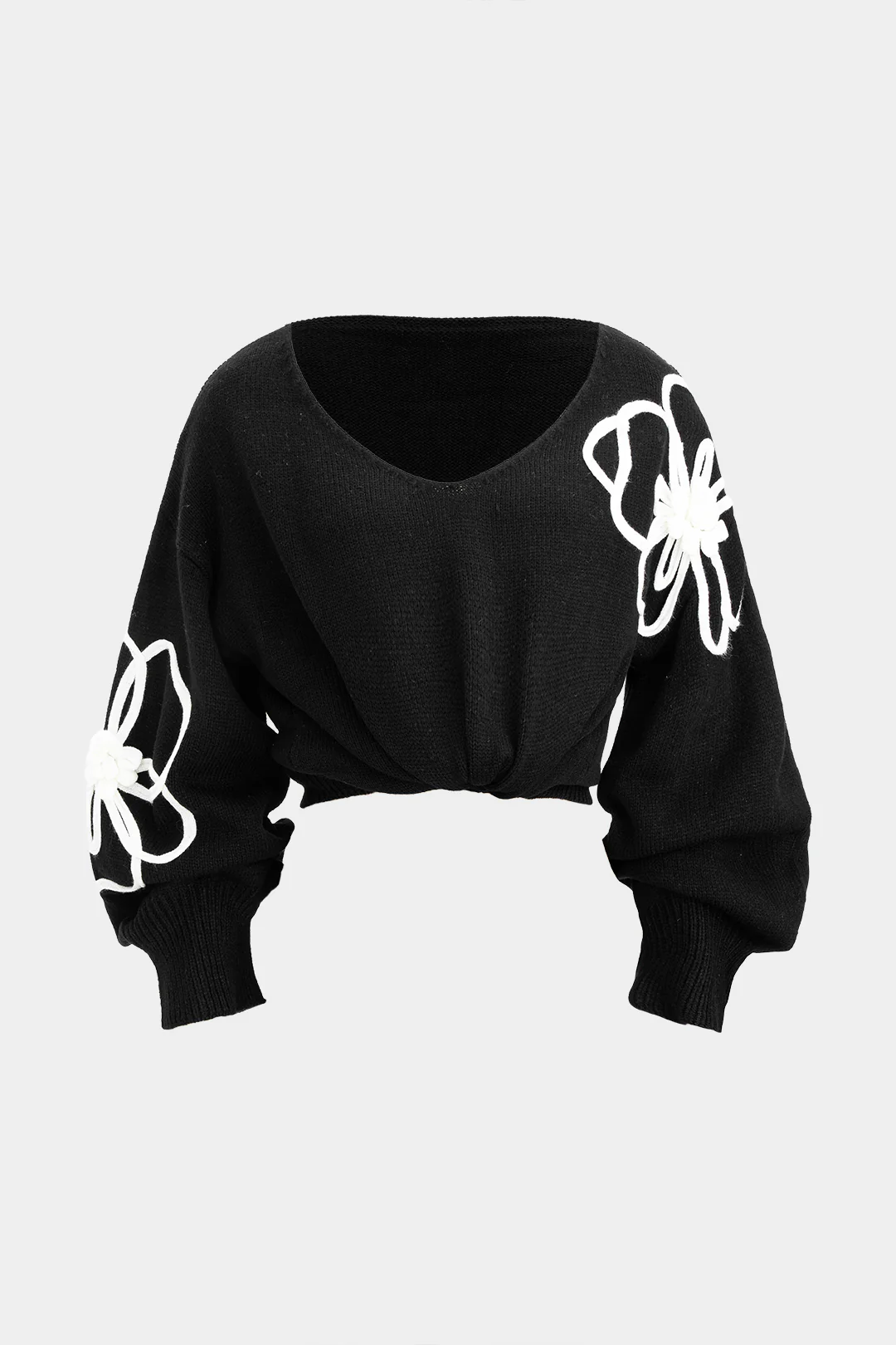 Knit V-Neck Flower Applique Long-Sleeve Top - Flockneti