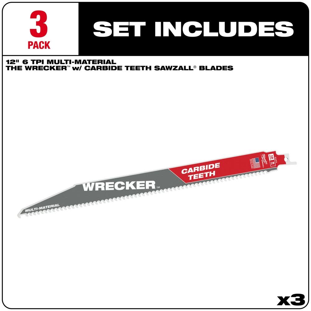 Milwaukee 12″ 6 TPI THE WRECKER with Carbide Teeth SAWZALL Blade 3PK - Flockneti