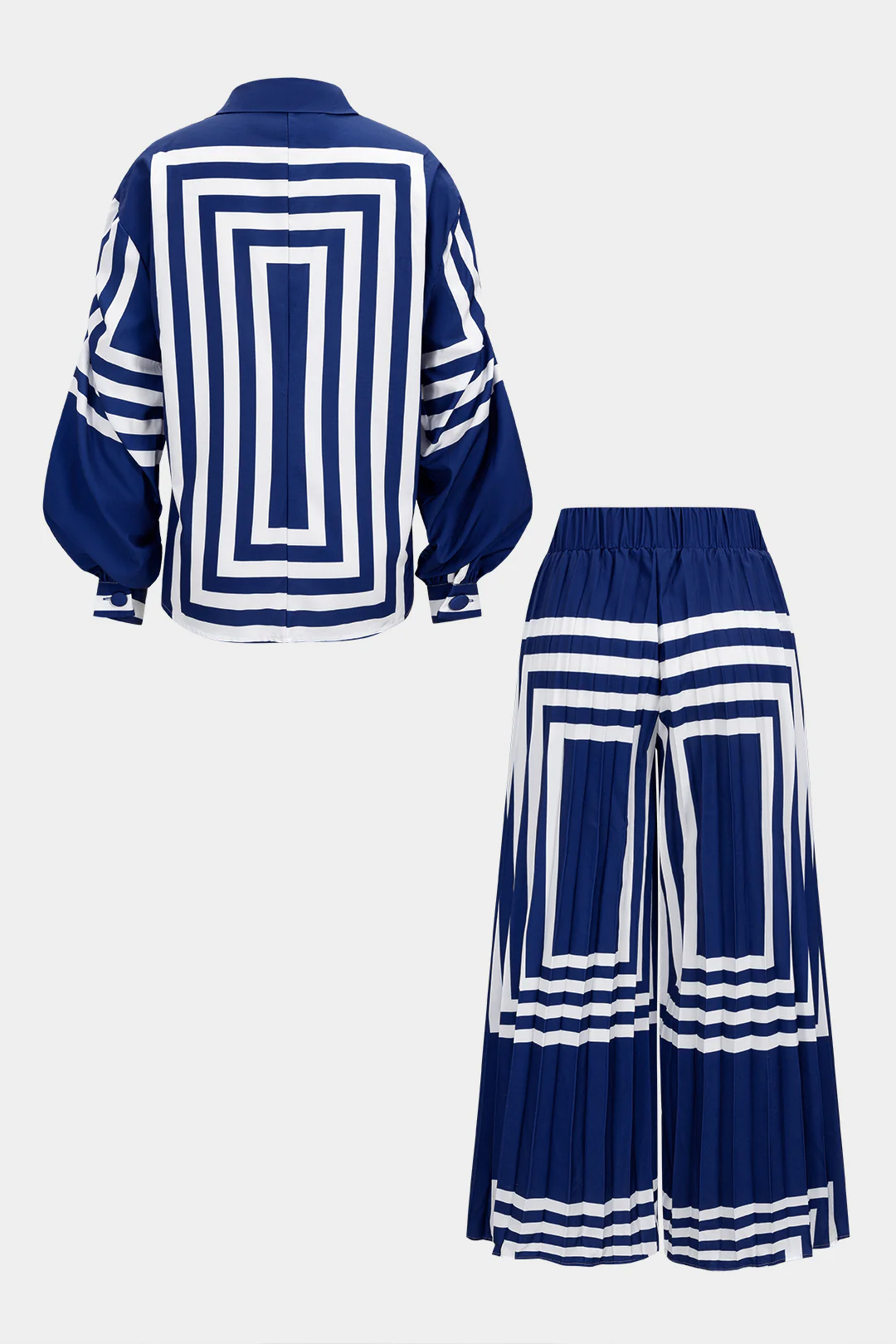 Plus Size Stripes Print Tie-Up Long-Sleeve Shirt And Pleated Wide Leg Pants Set - Flockneti
