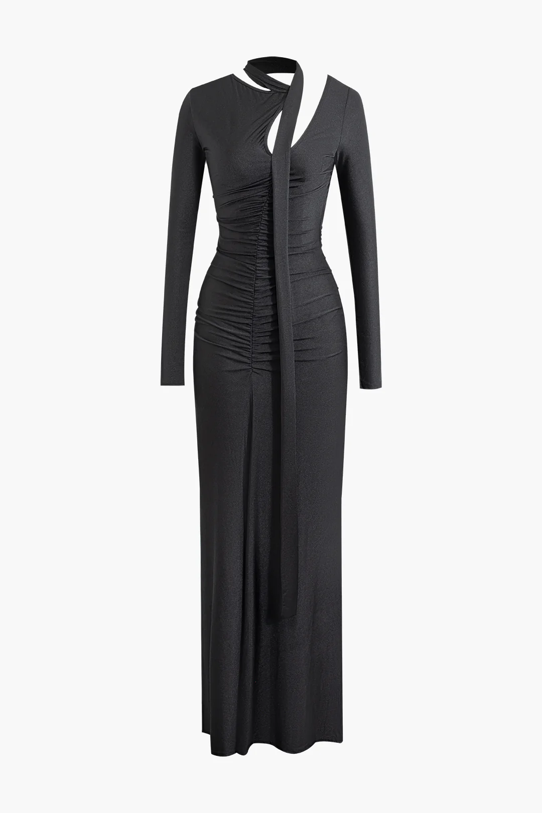 Ruched Asymmetrical Cut Out Long Sleeve Maxi Dress With Scarf - Flockneti