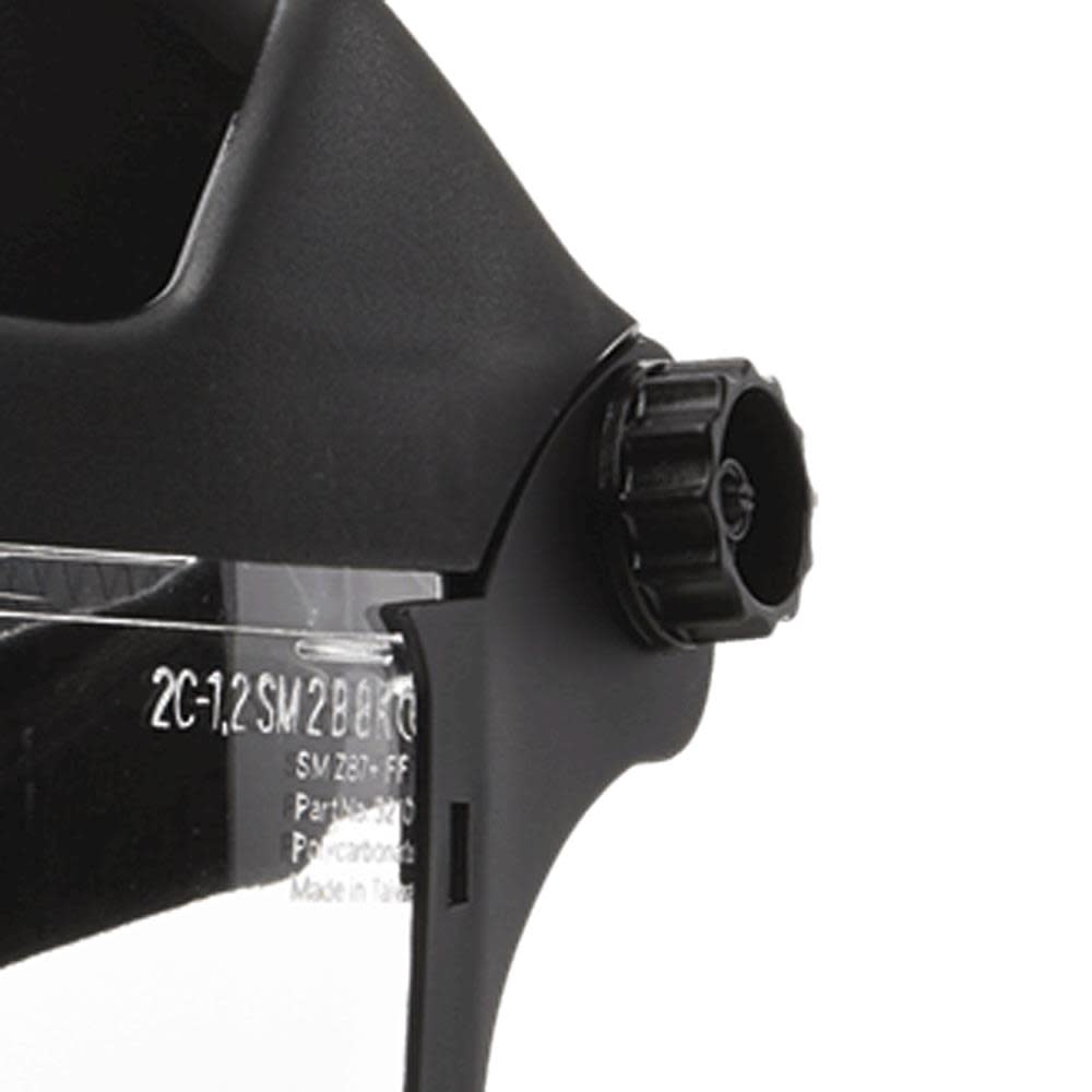 Sellstrom Multi-Purpose Single Crown Face Shield with Ratchet Headgear and Chin Guard Clear Polycarbonate Window Anti-Fog Coating Black Crown - Flockneti