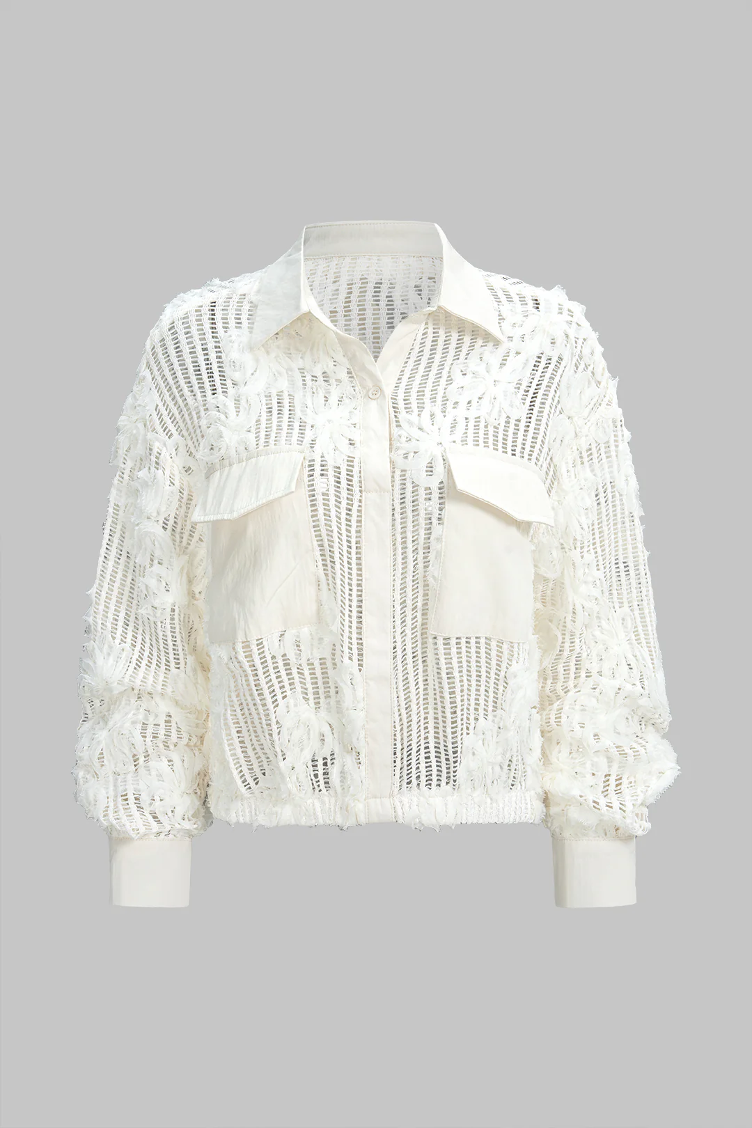 3D Flower Decor Button Cut Out Long-Sleeve Shirt - Flockneti