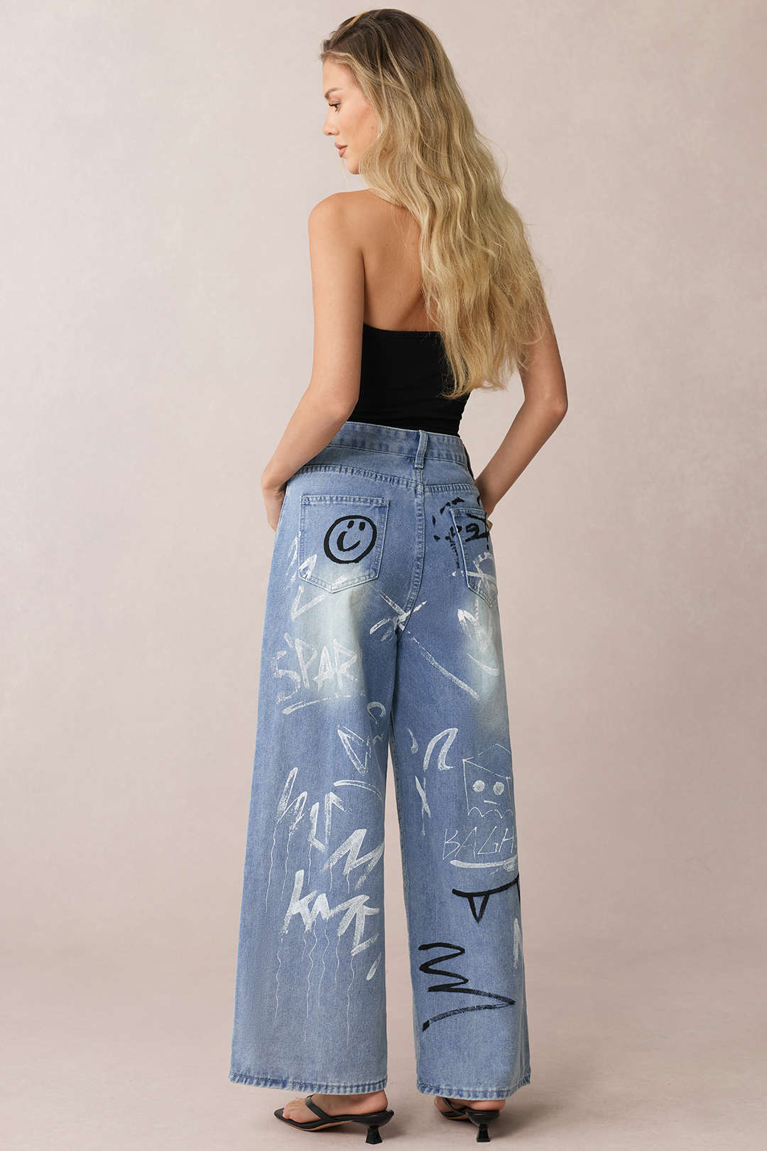 Denim Graffiti Print Zipper Straight Leg Jeans - Flockneti