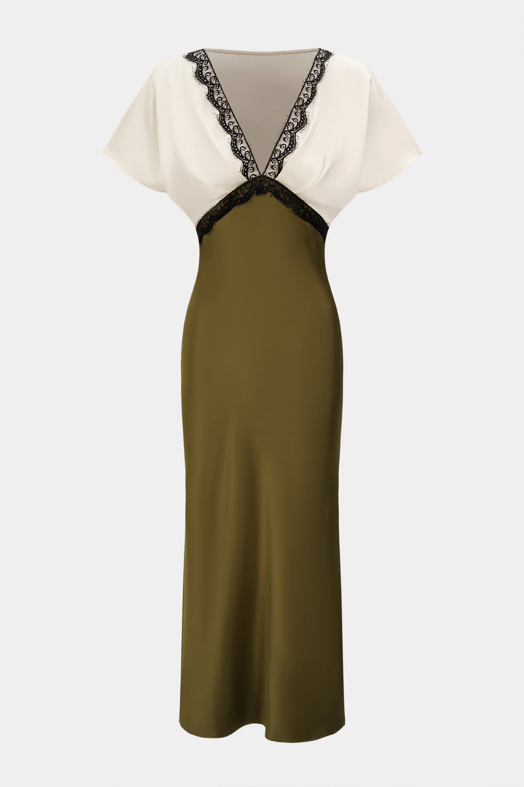Contrast Satin Patchwork Lace Trim V-Neck Short Sleeve Midi Dress - Flockneti