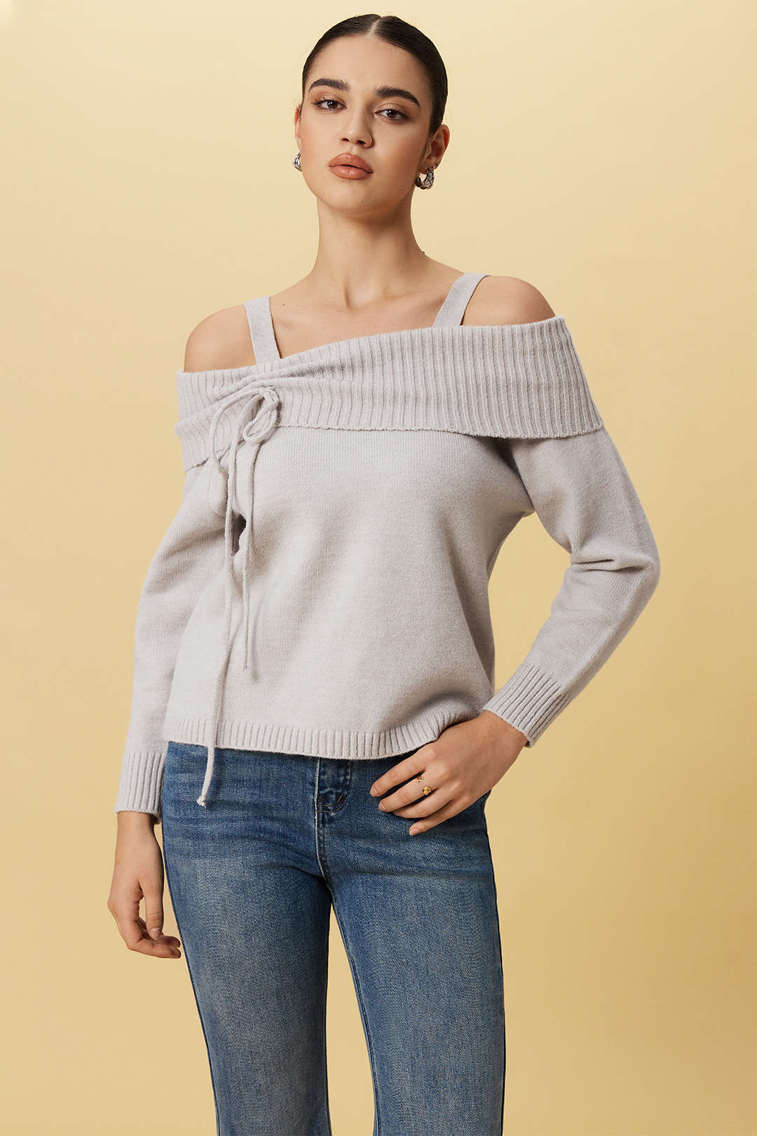 Knit Off-Shoulder Bow Long-Sleeve Top - Flockneti