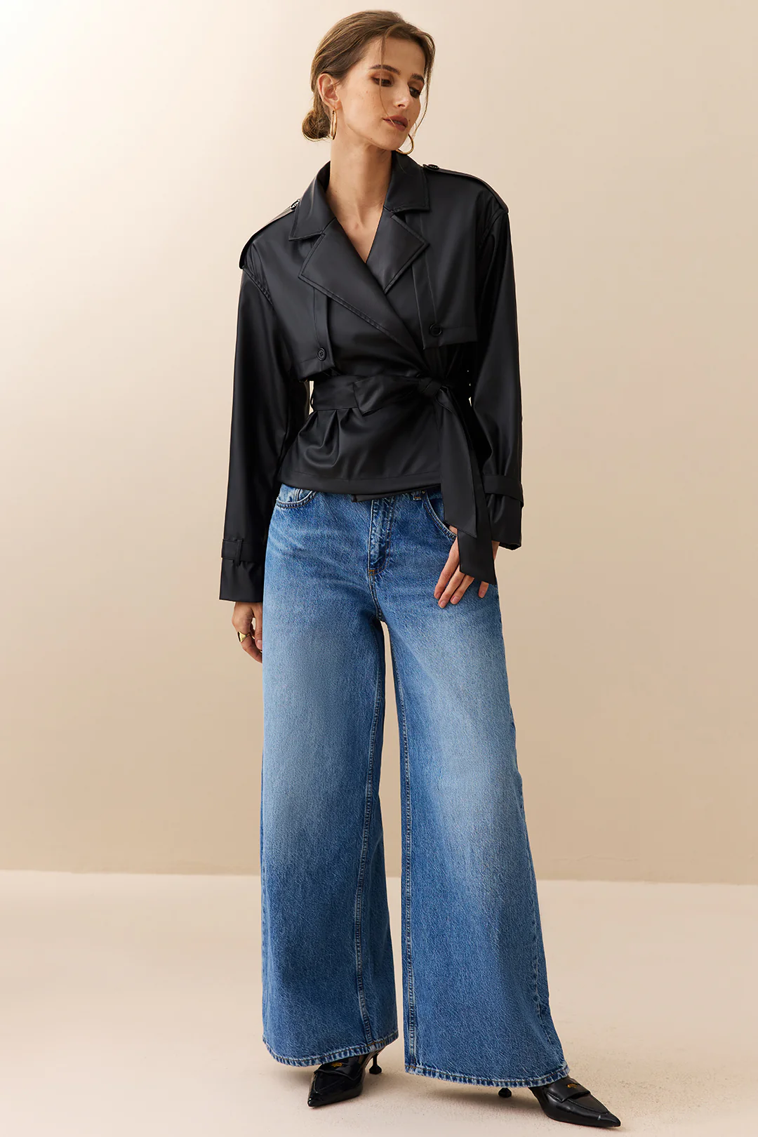 Faux Leather Belted Jacket - Flockneti