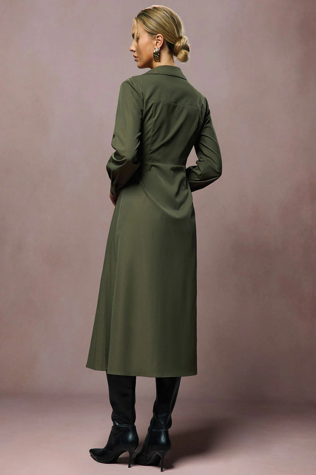 Tie-Up V-Neck Long Sleeve Midi Dress - Flockneti