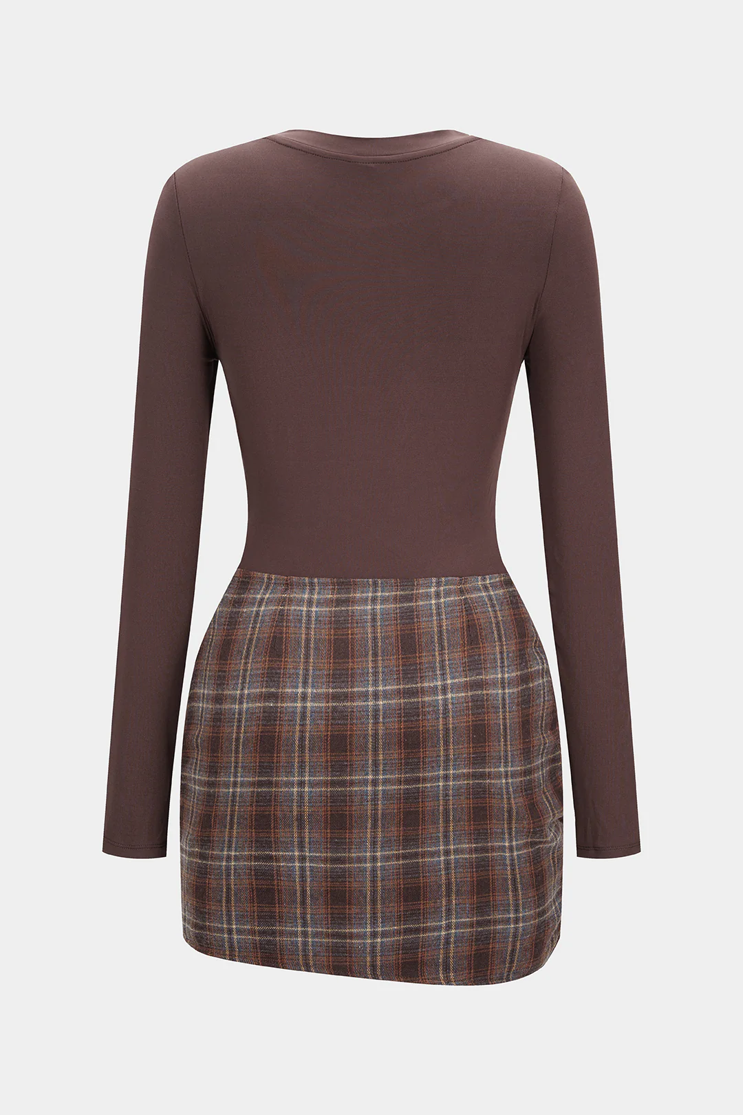 Plaid Print Patchwork Tie Front Long Sleeve Mini Dress - Flockneti