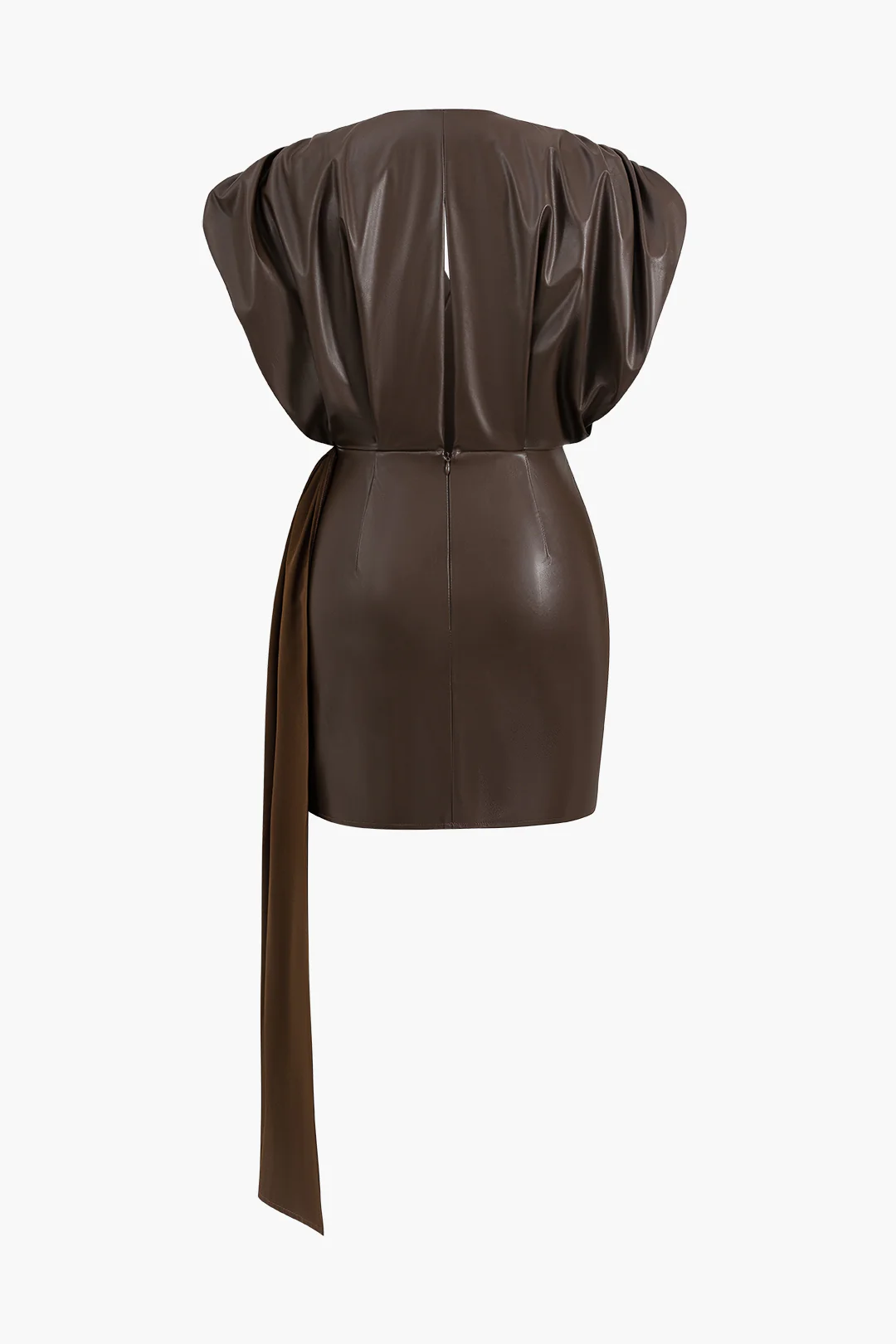 Faux Leather Ruched Zipper V-Neck Mini Dress - Flockneti