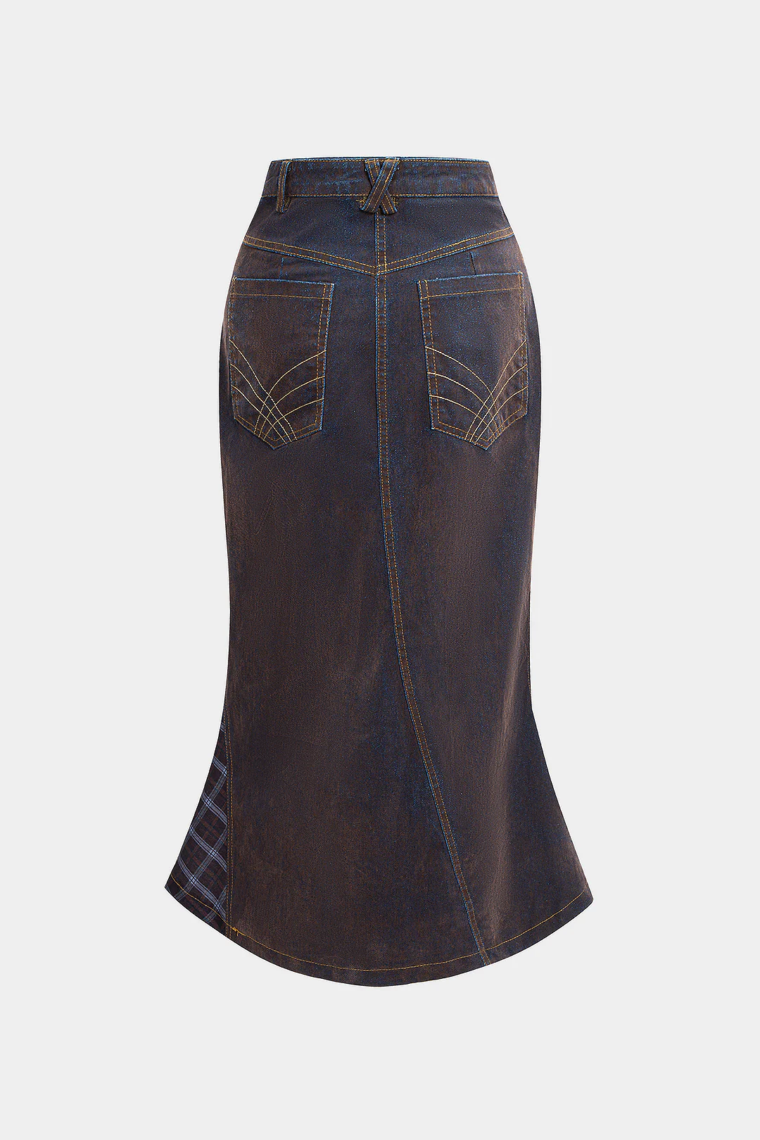Denim Washed Plaid Print Patchwork Skirt - Flockneti