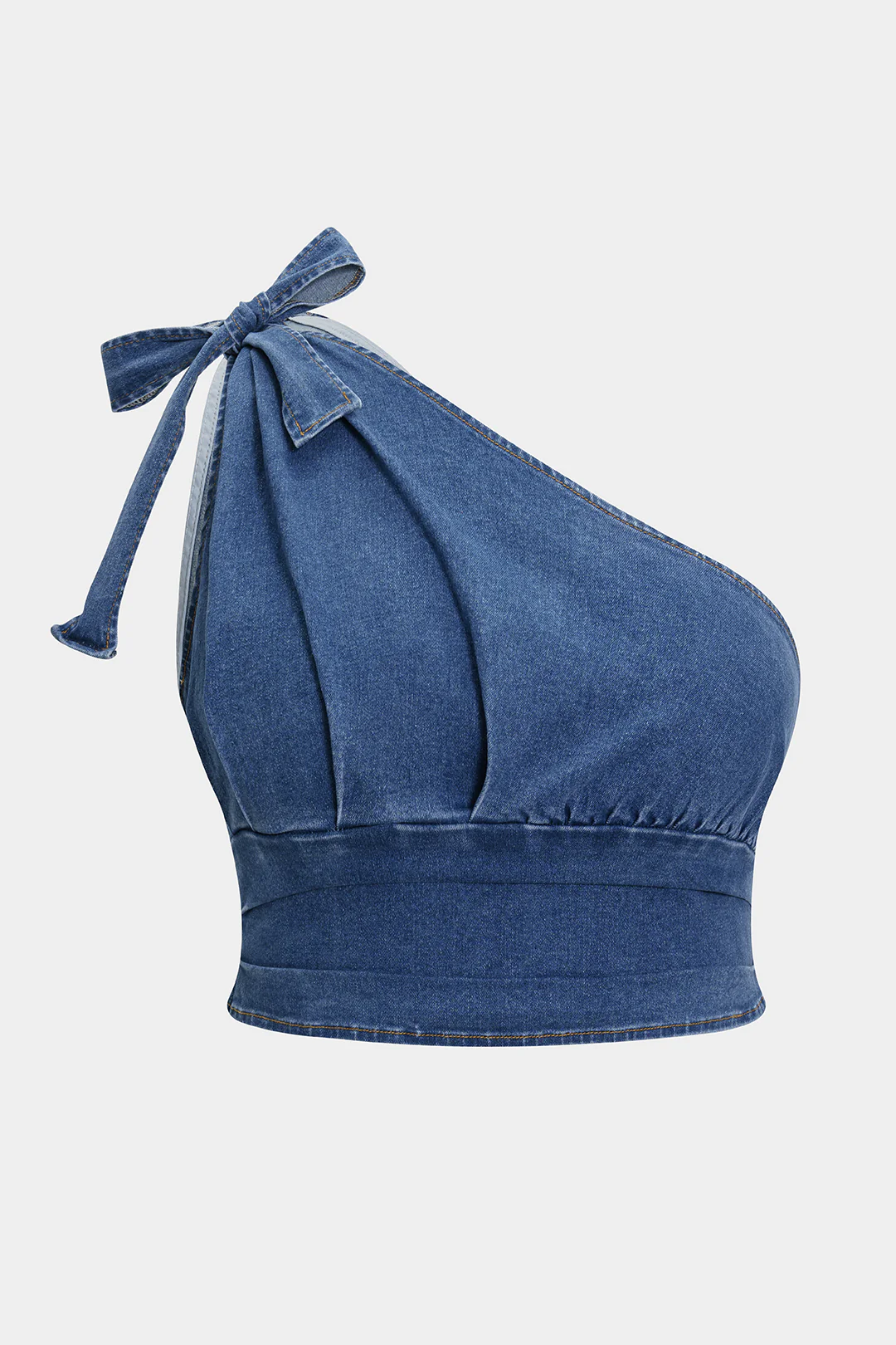 Plus Size Denim Zipper Asymmetrical Knotted Crop Top - Flockneti