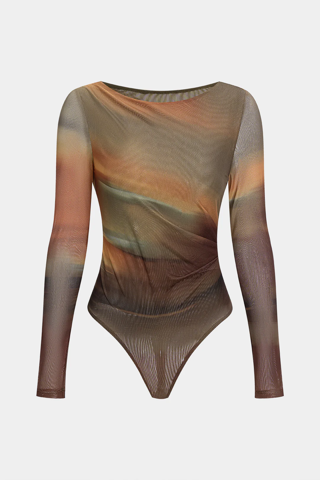 Ombre Print Mesh Ruched Boat Neck Long Sleeve Bodysuit - Flockneti
