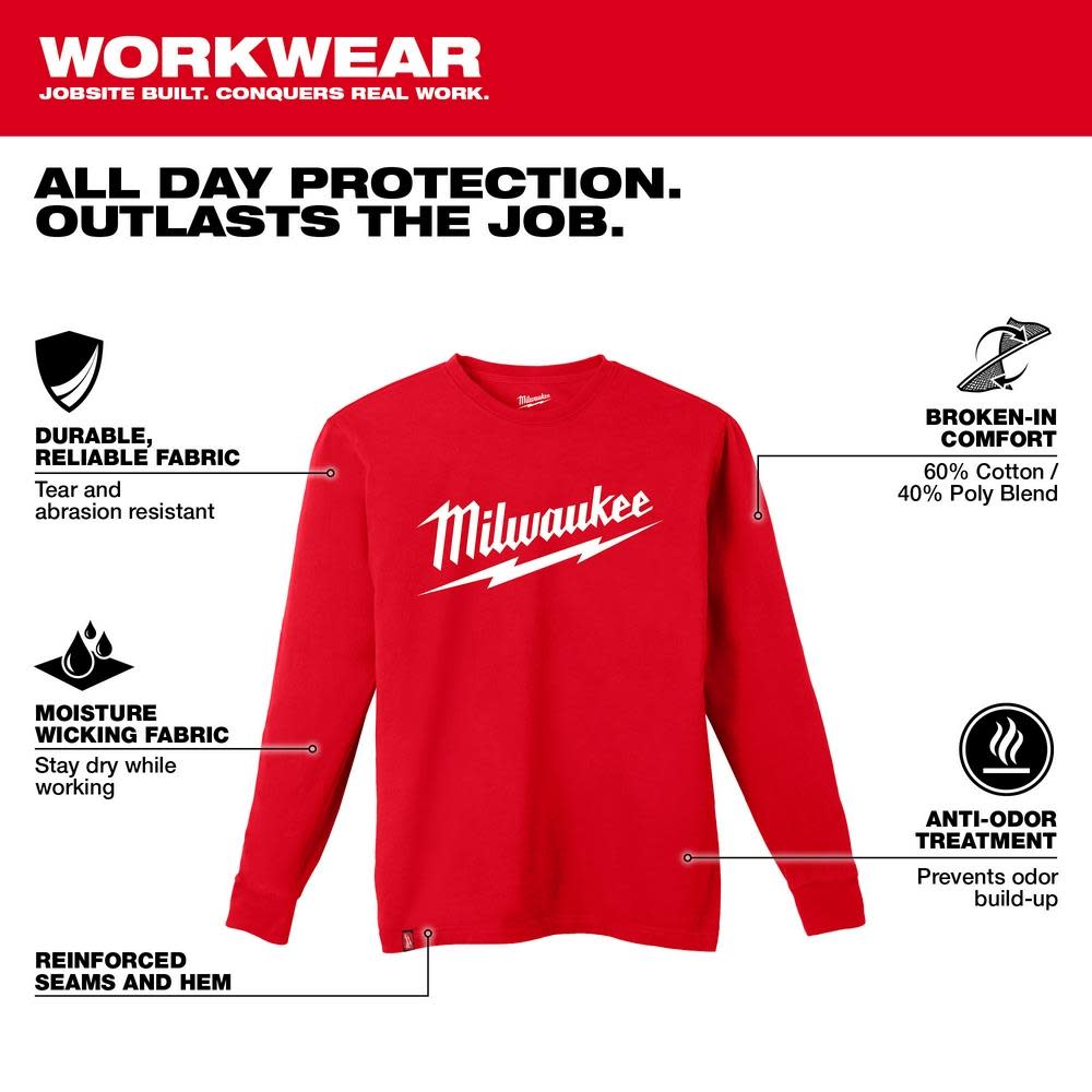 Milwaukee Heavy Duty T-Shirt Big Logo Long Sleeve Red - Flockneti