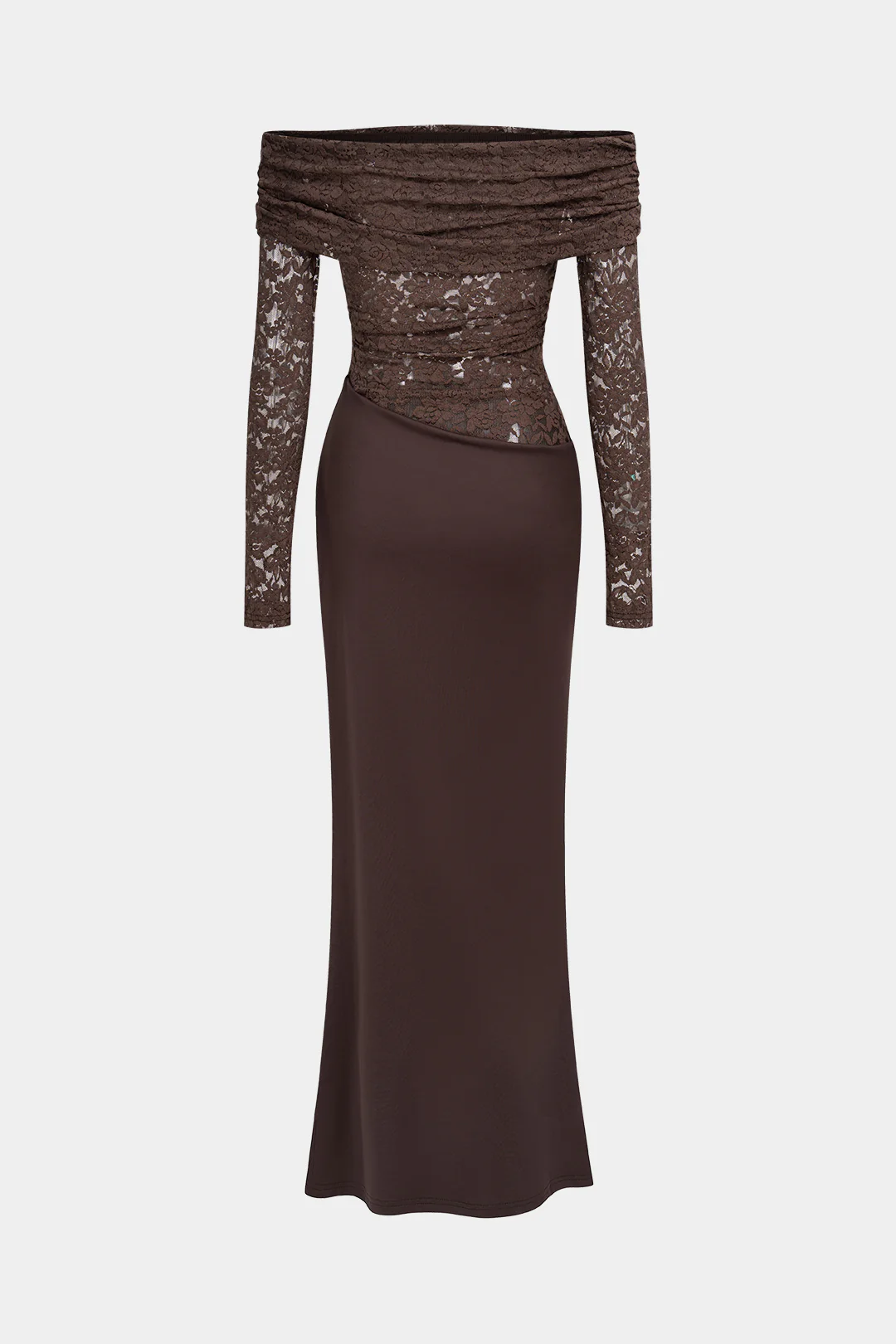 Lace Patchwork Off Shoulder Ruched Long Sleeve Maxi Dress - Flockneti