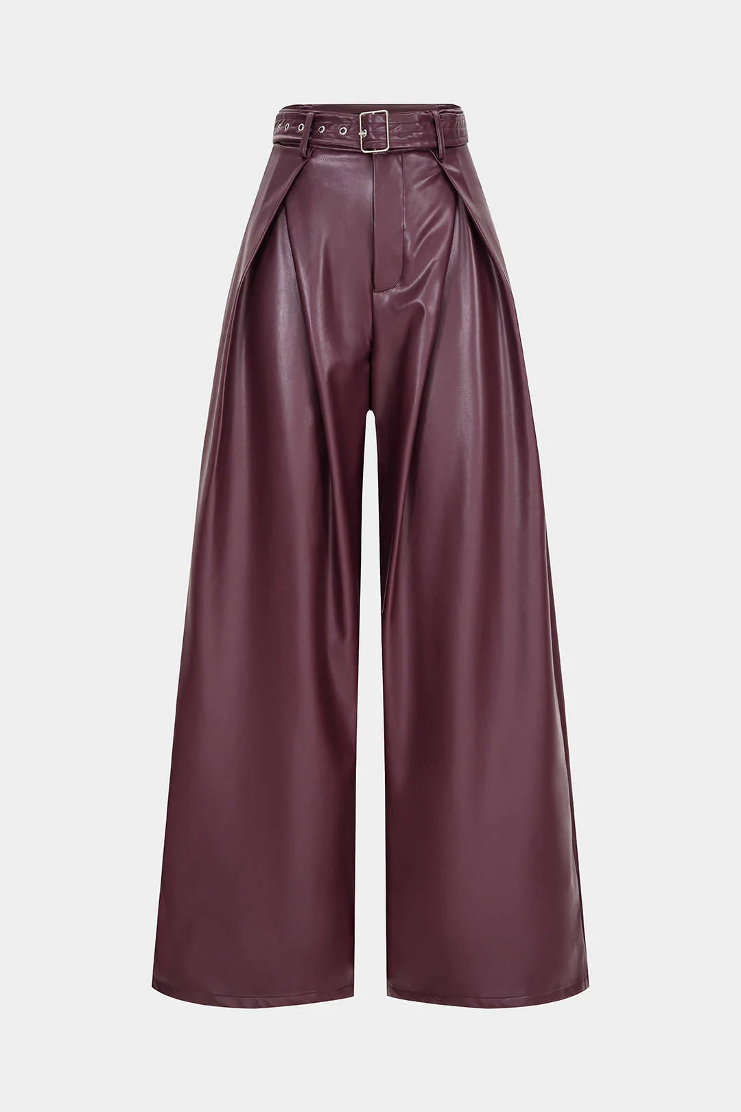 Faux Leather Belted Ruched Wide Leg Pants - Flockneti