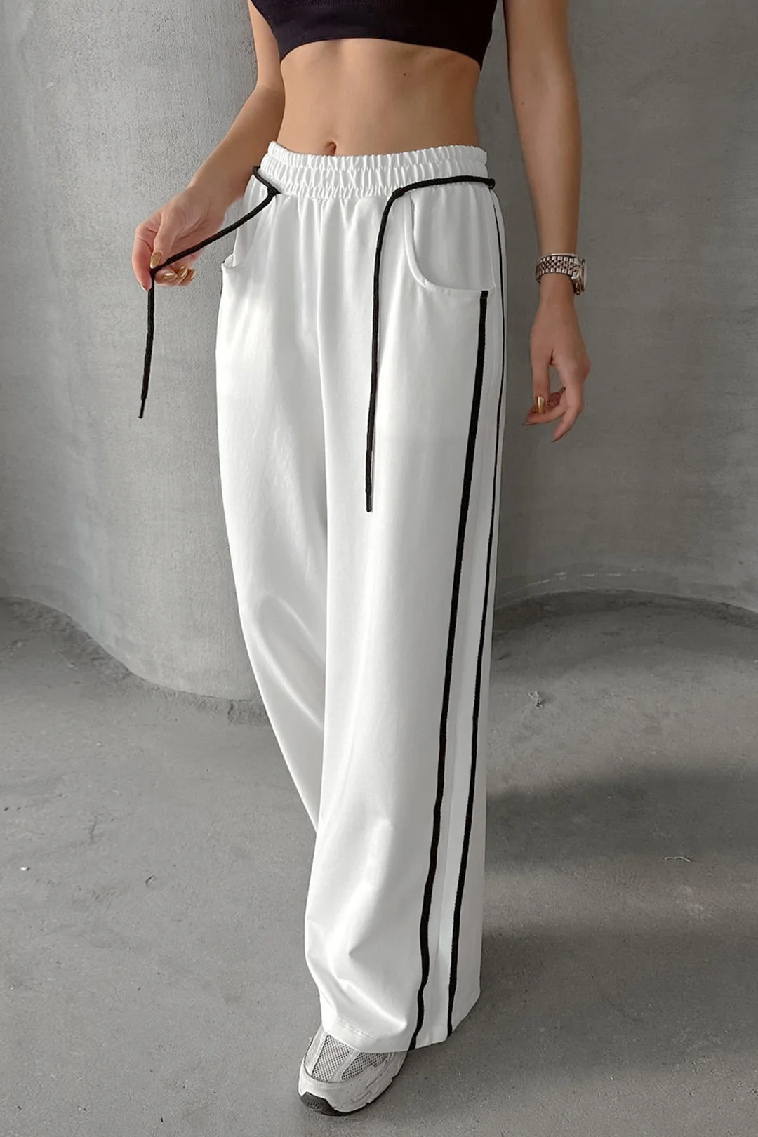 Contrast Binding Pocket High Waist Wide Leg Pants - Flockneti