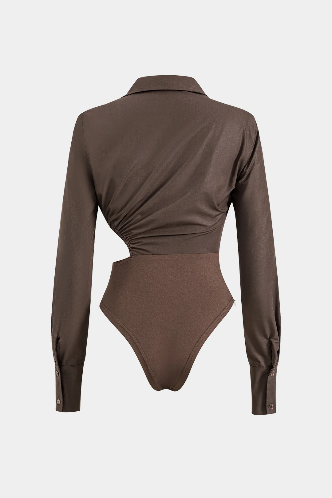 Asymmetry Patchwork Ruched Cut Out Long Sleeve Bodysuit - Flockneti