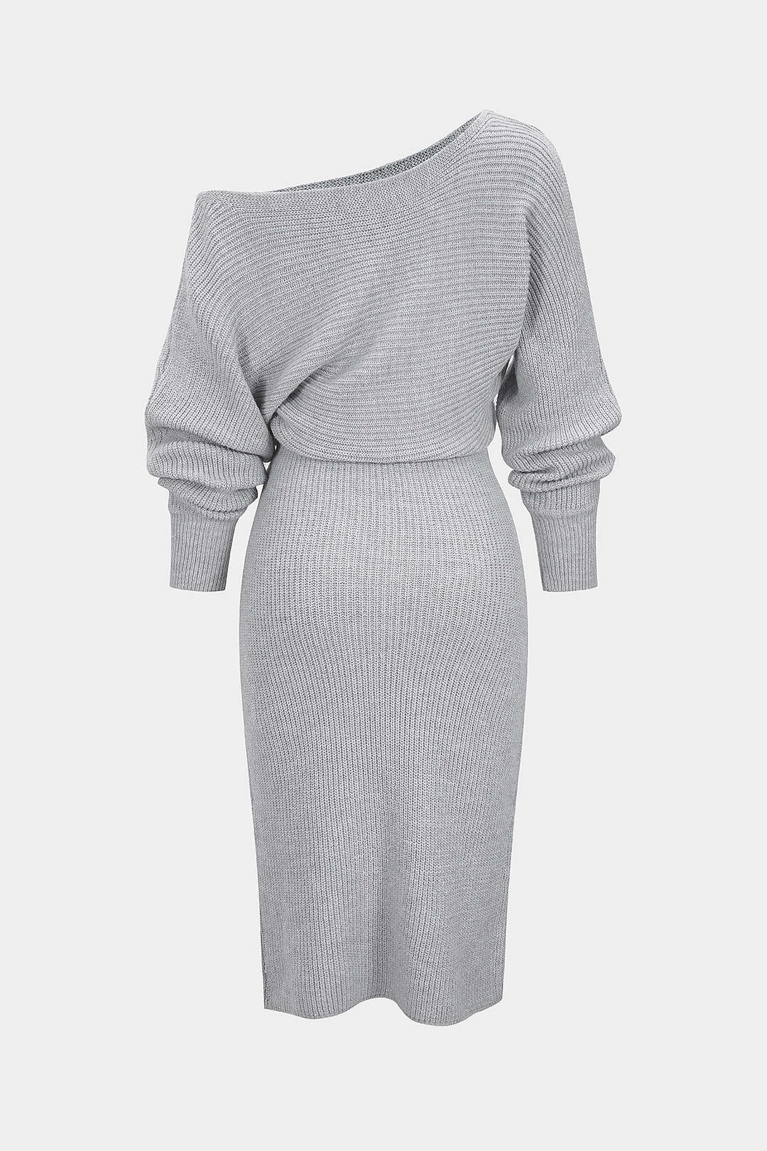 Knit Off-Shoulder Ribbed Side Slit Long Sleeve Dress - Flockneti