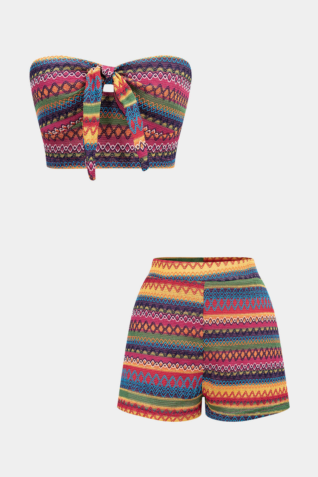 Multicolor Striped Tie Front Cropped Tube Top And High Waist Shorts Set - Flockneti