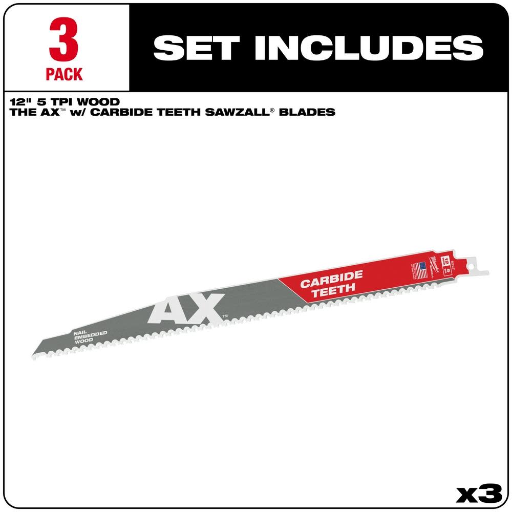 Milwaukee 12 in. 5 TPI The Ax Carbide Teeth SAWZALL Blades 3PK - Flockneti