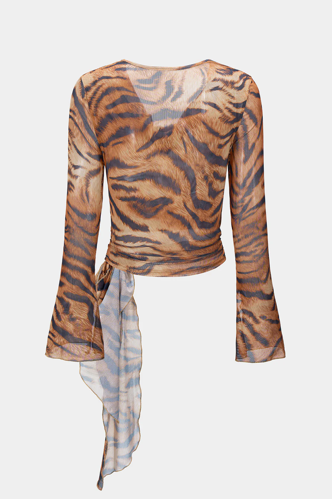 Leopard Print Draped Cowl Neck Tie Front Long-Sleeve Top - Flockneti