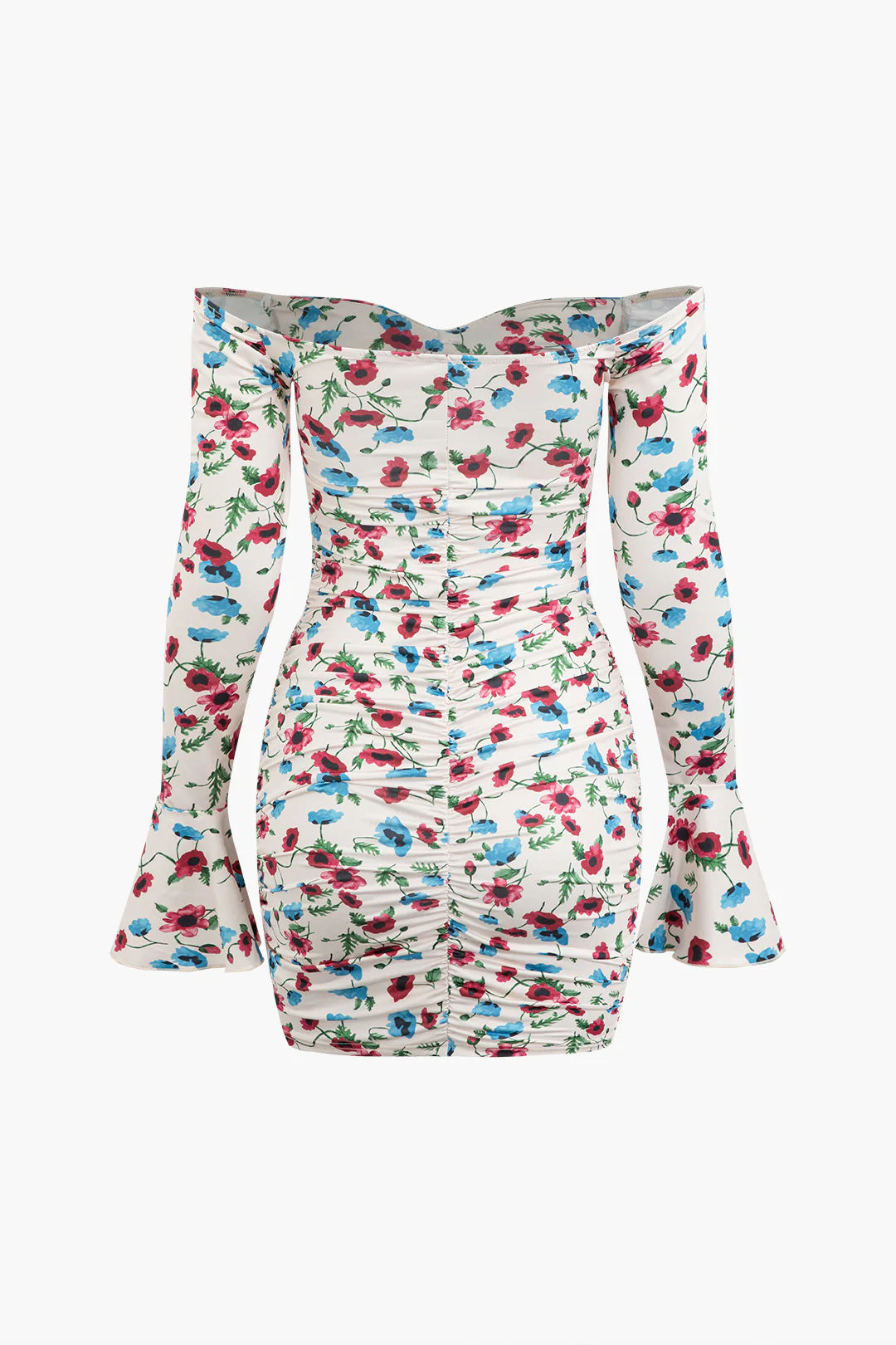 Ditsy Floral Print 3D Flower Decor Ruched Long Sleeve Mini Dress - Flockneti