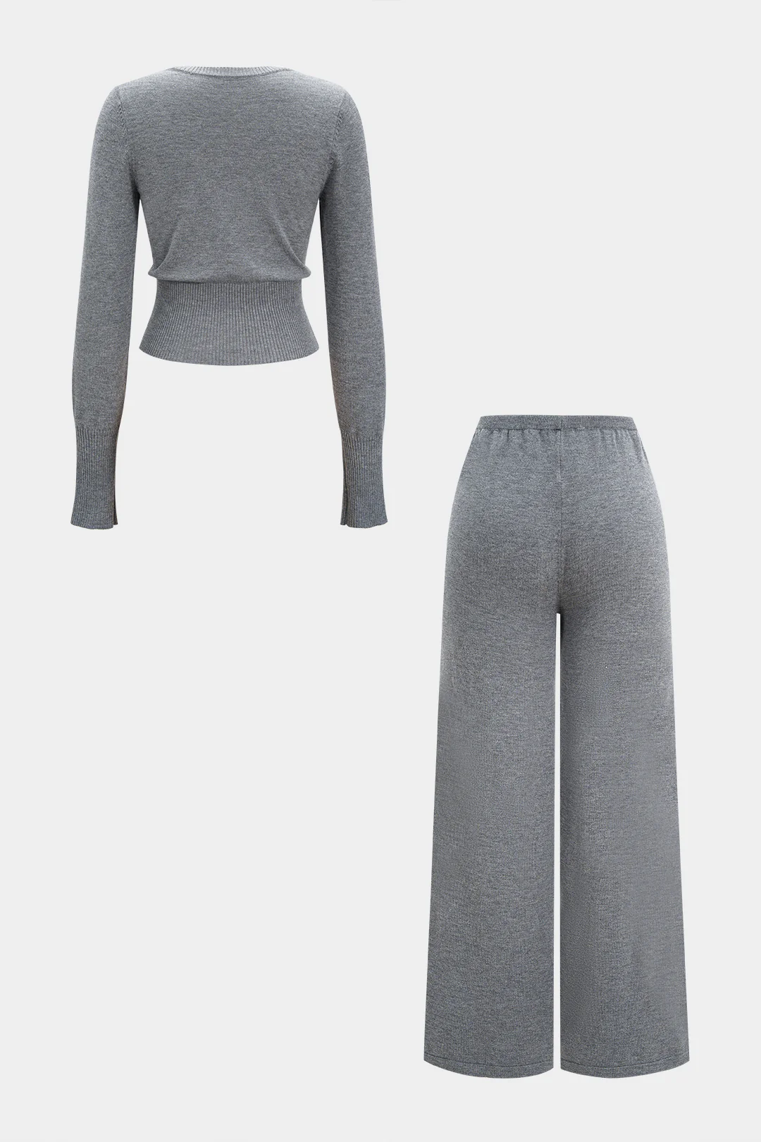 Knit Round Neck Button Cardigan And Tie-Up Wide Leg Pants Set - Flockneti