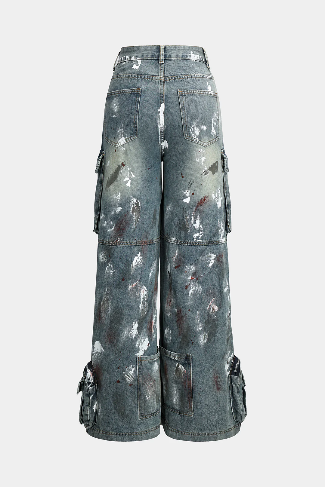 Graffiti Denim Washed Button Pocket Zipper Wide Leg Jeans - Flockneti