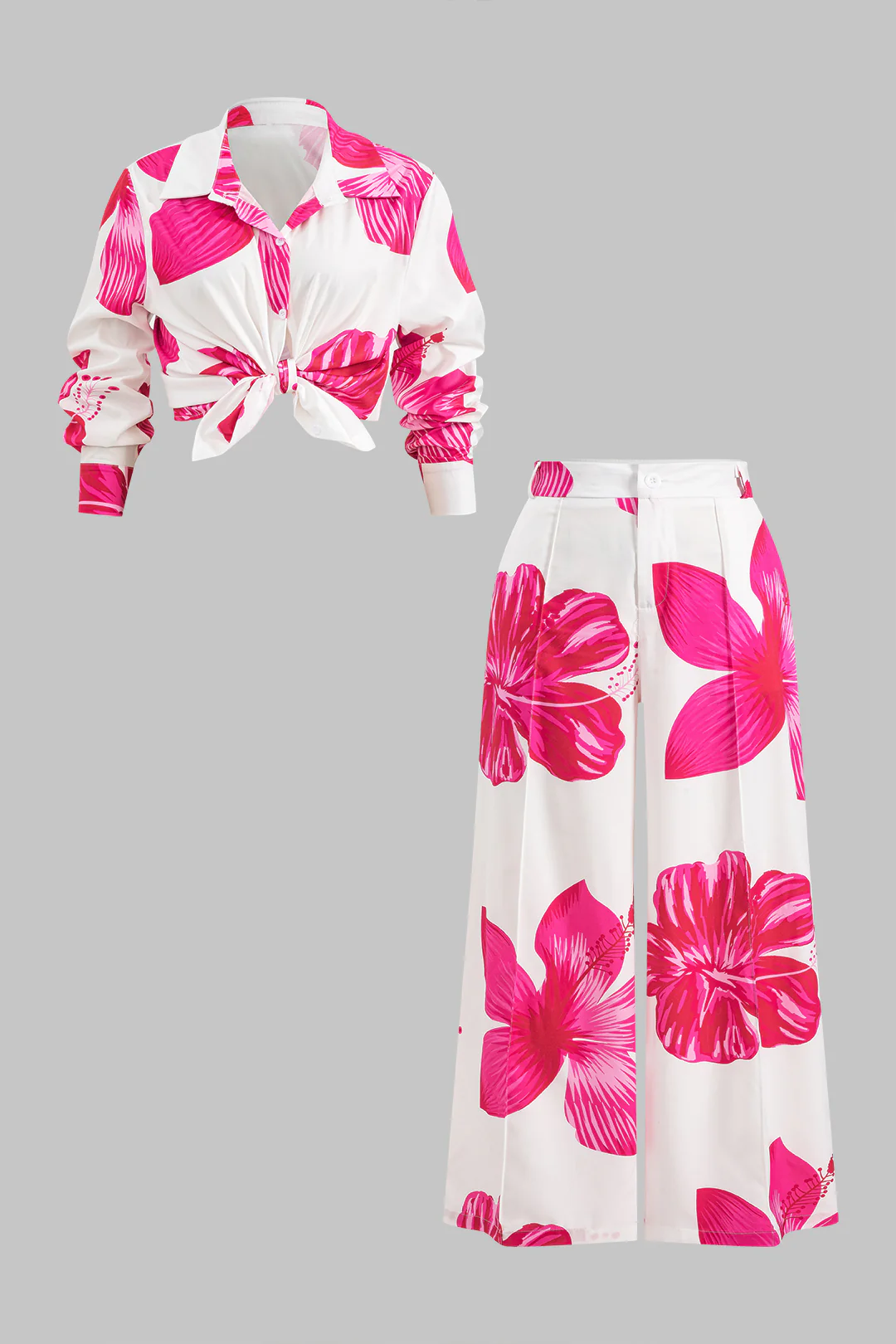 Plus Size Floral Print Button Knot Long Sleeve Shirt And High Waist Trousers Set - Flockneti