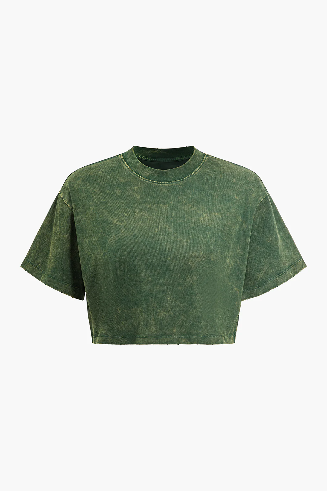 Washed Round Neck Cropped Short Sleeve T-Shirt - Flockneti