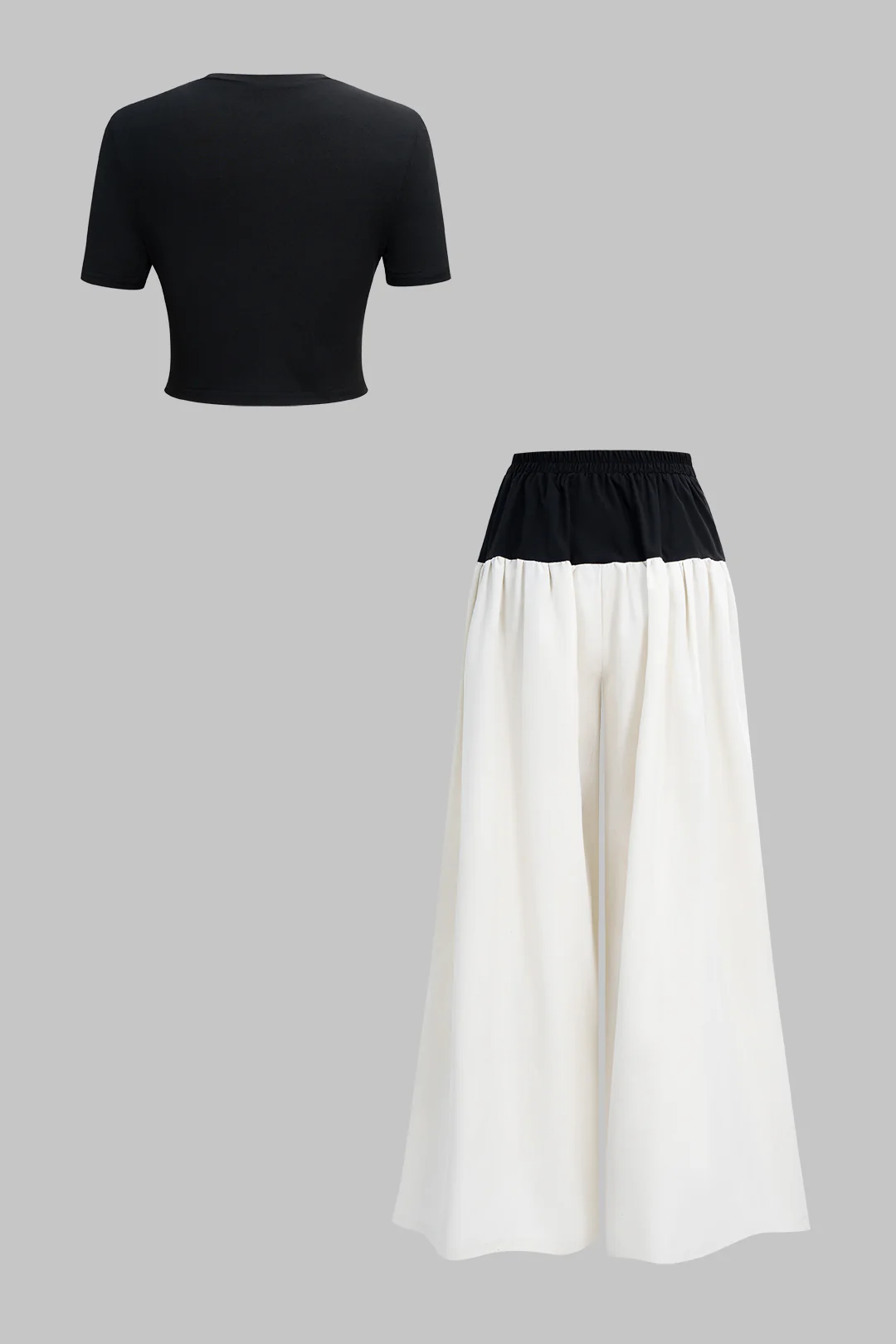 Solid Short-Sleeve T-Shirt And Contrast Ruched Wide Leg Trousers Set - Flockneti