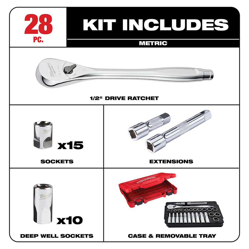 Milwaukee 28 pc. 1/2 in. Socket Wrench Set (Metric) - Flockneti
