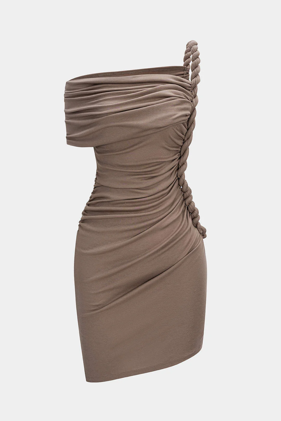 Ruched Twist Knot One Shoulder Short Sleeve Mini Dress - Flockneti