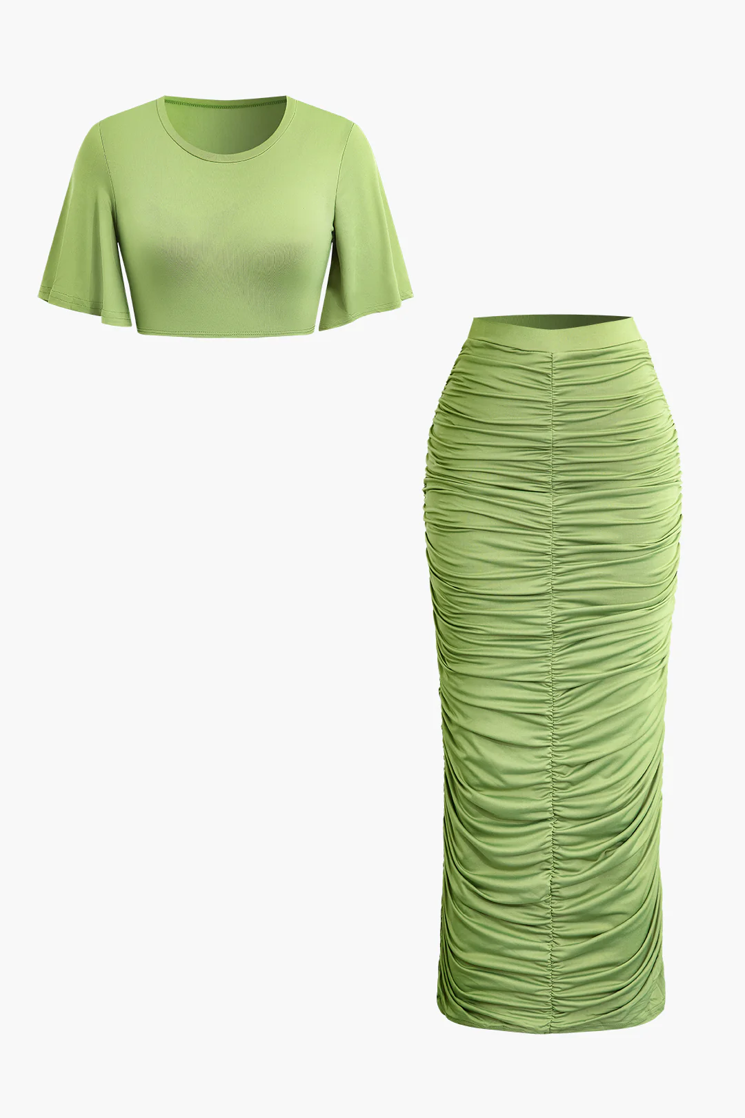 Round Neck Ruffle Sleeves Top And Ruched High-Waisted Skirt Set - Flockneti