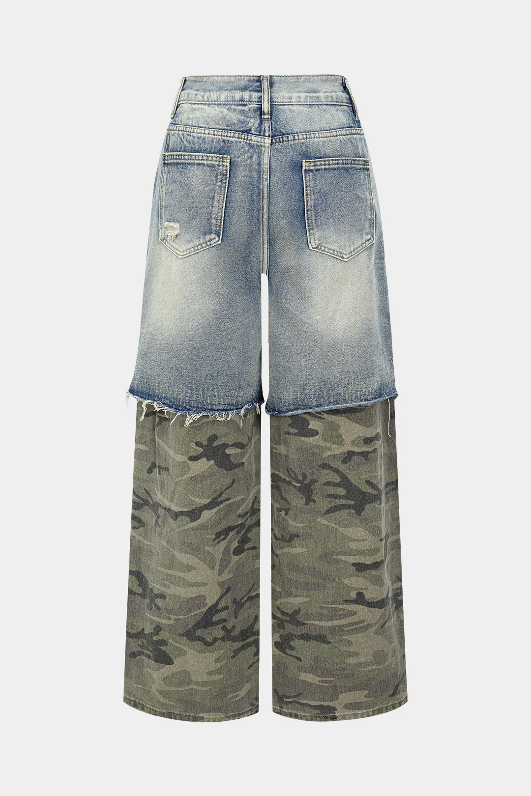 Camo Print Denim Patchwork Button Pocket Jeans - Flockneti