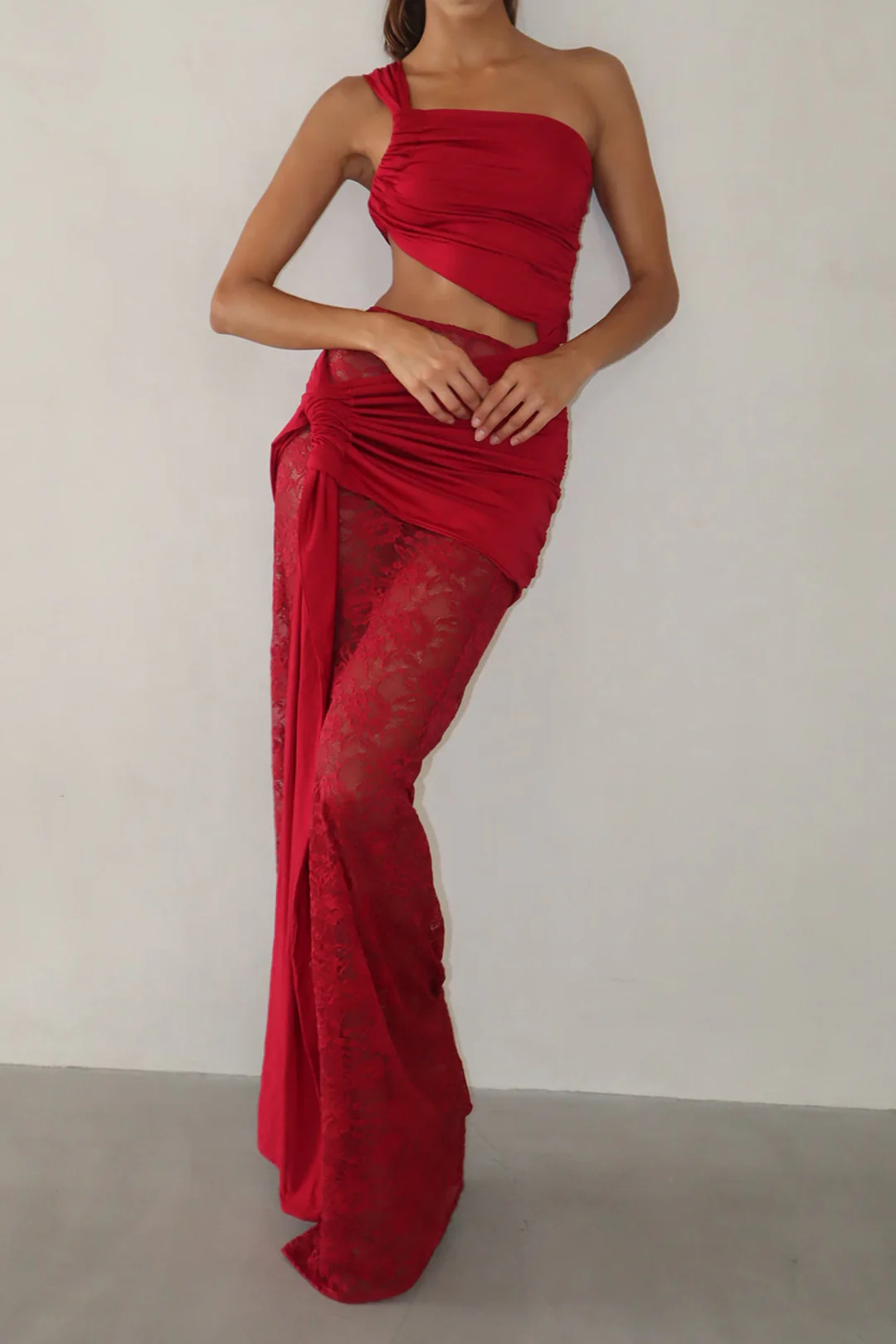 Lace Tie Front Hollow Out Patchwork Ruched Skirt Set - Flockneti