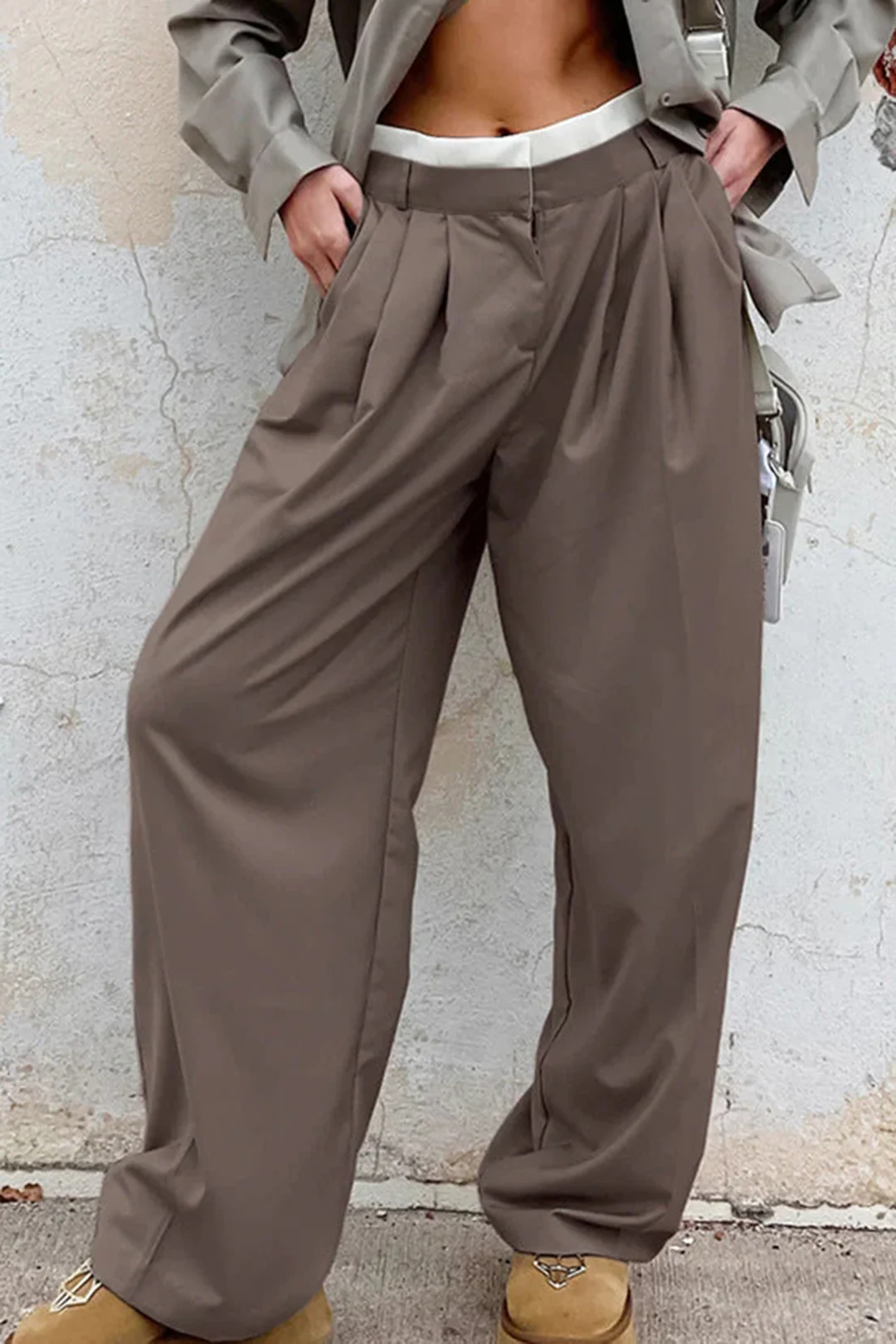 Contrast Double Waistband Pleated Straight Leg Pants - Flockneti