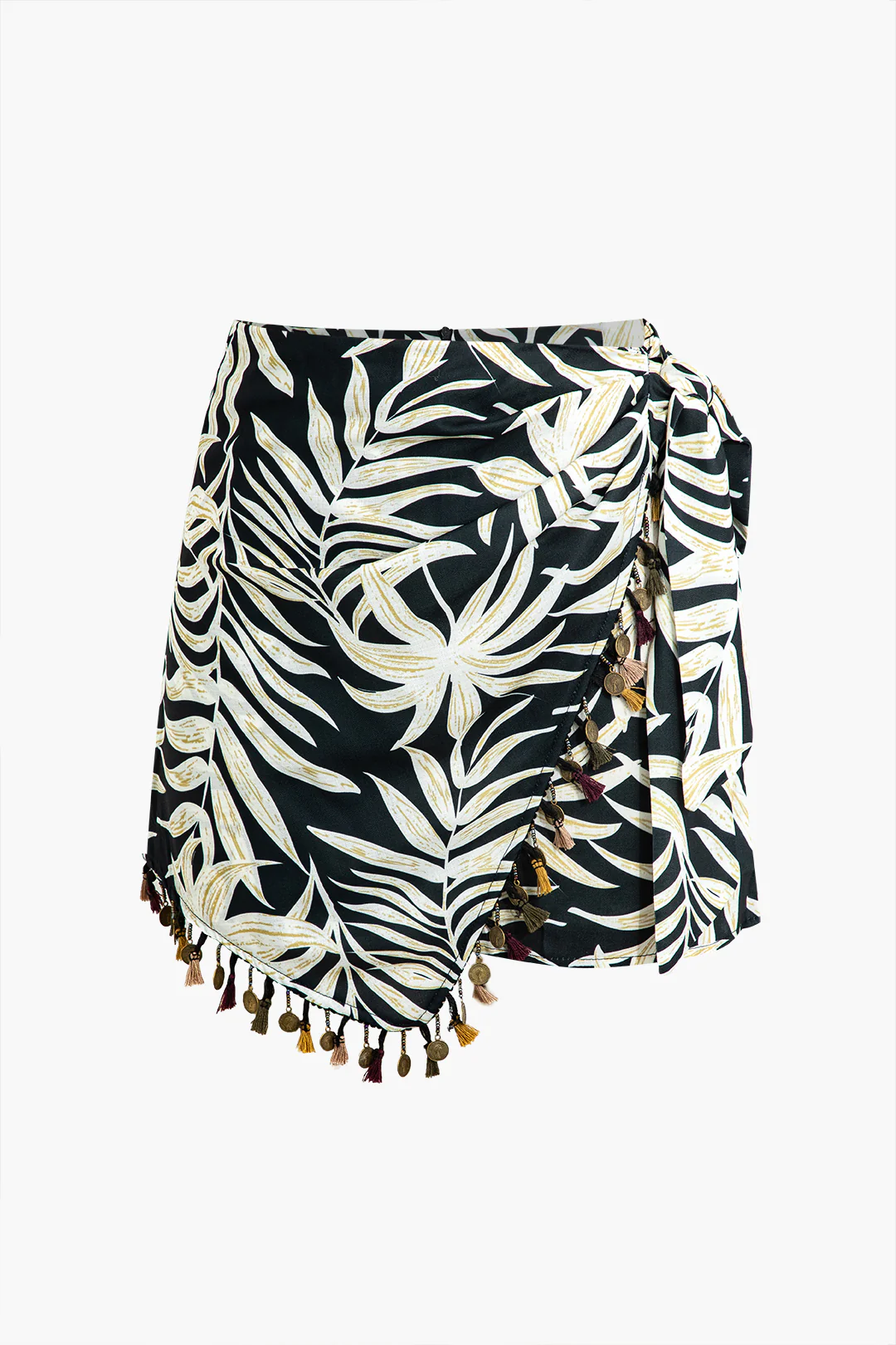 Palm Leaf Print Chiffon Fringe Asymmetrical Tie Knot Skirt - Flockneti