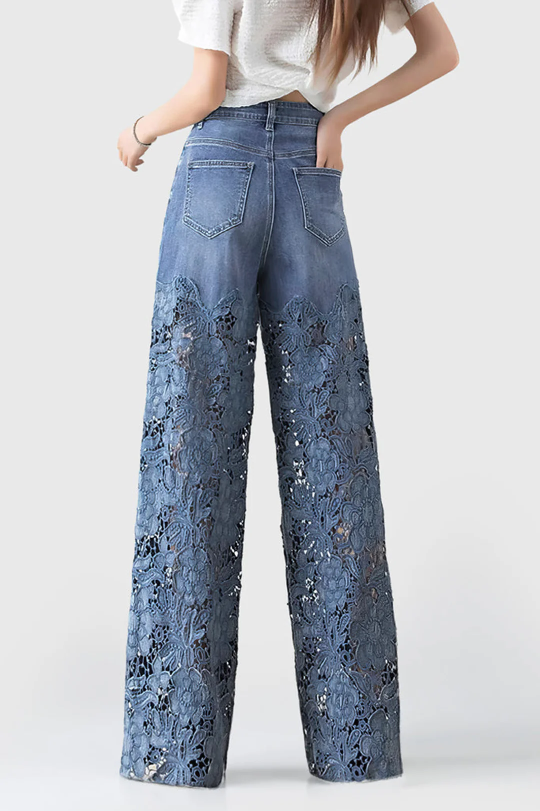 Lace Cut Out Patchwork Wide Leg Jeans - Flockneti