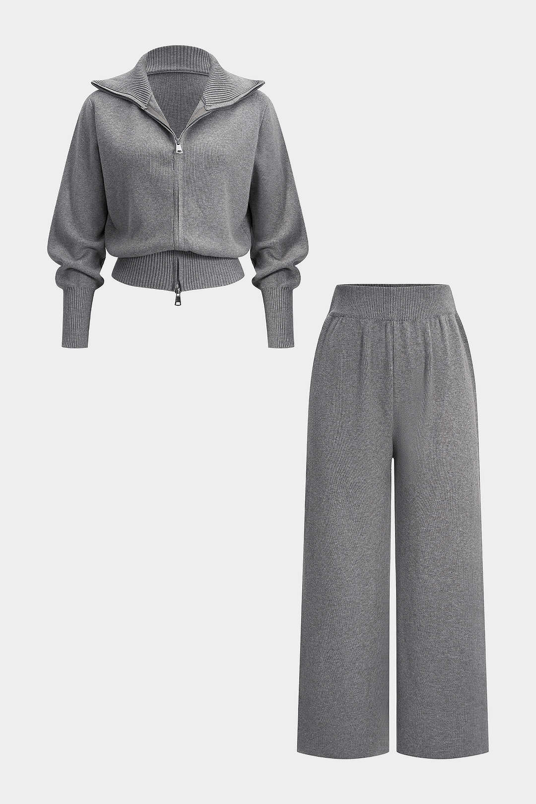 Knit Zipper Long-Sleeve Hoodie And Shirred Waistband Zipper Wide Leg Pants Set - Flockneti